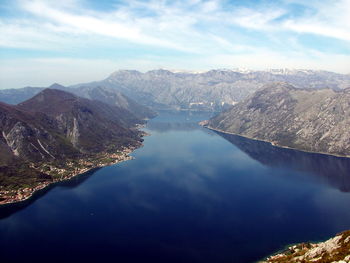 Scenic view of lake amidst mountains against sky