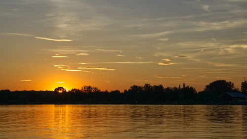 Scenic view of lake against sky during sunset