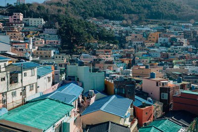 High angle view of buildings in city