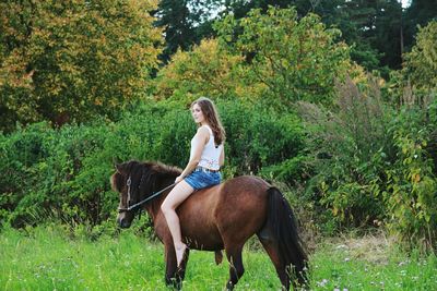 Beautiful smiling young woman riding brown horse on grassy field