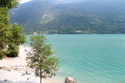 High angle view of sea and mountains