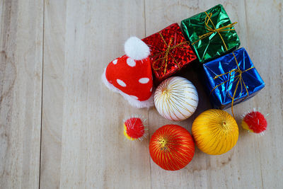 Directly above shot of christmas decorations on table