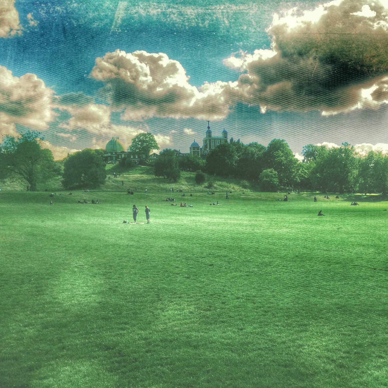 grass, sky, cloud - sky, field, tree, green color, landscape, cloudy, nature, tranquility, tranquil scene, grassy, beauty in nature, scenics, leisure activity, cloud, growth, lifestyles, men