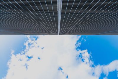 Low angle view of modern building against blue sky
