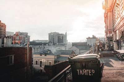 High angle view of buildings against sky