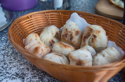 High angle view of eggs in basket on table