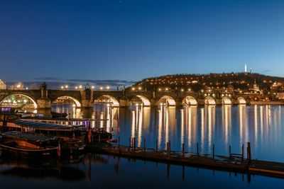 Reflection of illuminated  bridge over water