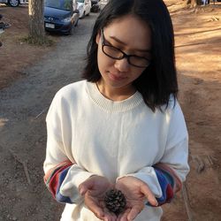 High angle view of woman holding pine cone