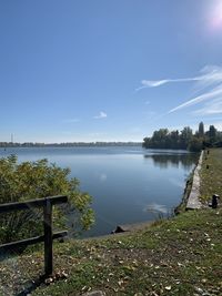 Scenic view of lake against blue sky