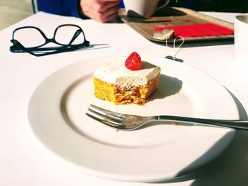 High angle view of cake in plate on table