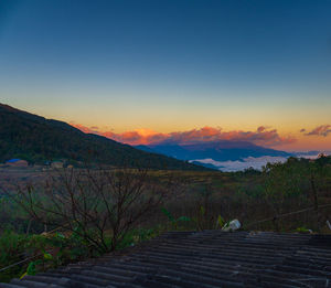 Scenic view of mountains against sky during sunset