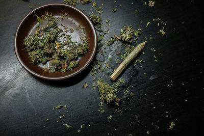 High angle view of vegetables in bowl on table