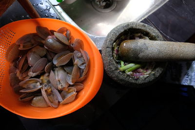 High angle view of fruits in container