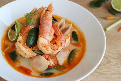 High angle view of seafood in plate on table