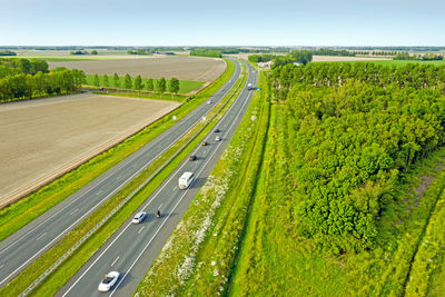 Aerial from the highway a6 near almere in the countryside from the netherlands