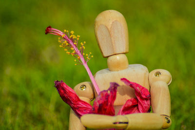 Close-up of stuffed toy on wood