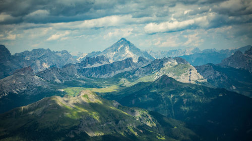 Aerial view of snowcapped mountains against sky
