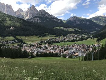 Scenic view of field and mountains against sky