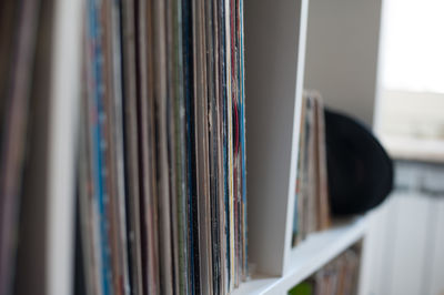 Vintage records on bookshelf