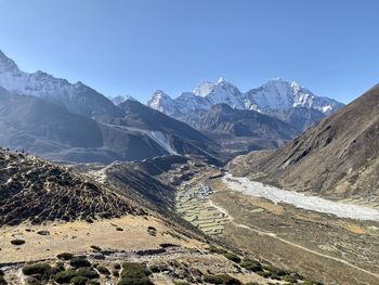 Scenic view of snowcapped mountains against clear sky