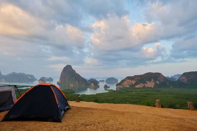 Scenic view of mountains against sky during sunset