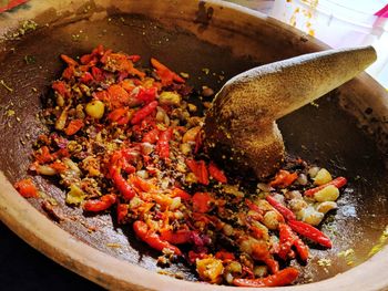 High angle view of vegetables in bowl on table