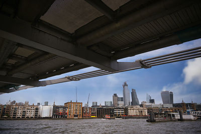 Buildings by river against sky in city