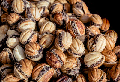 Walnuts shape cookies with chocolate filling, sweet homemade cookies