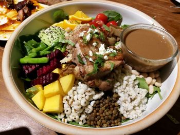 High angle view of food in bowl on table