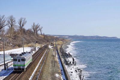 Railroad tracks by sea against clear sky