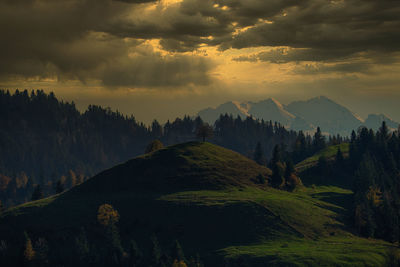 Panoramic view of landscape against sky during sunset