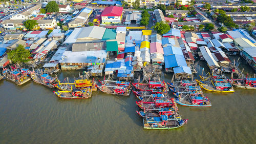 High angle view of ship moored at harbor