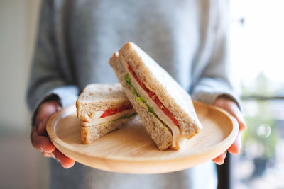 Midsection of woman holding sandwiches in plate