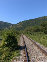 Railroad track amidst trees against clear sky