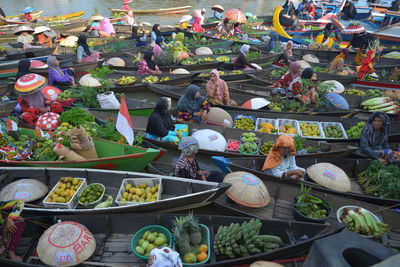 High angle view of people at floating market 