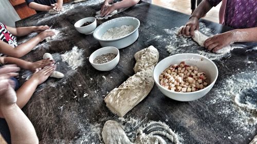 High angle view of people preparing food