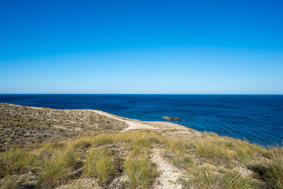 Scenic view of sea against clear blue sky