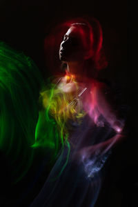 Portrait cyber futuristic elegant lady in a silver swimsuit vogue look isolated vibrant gradient 