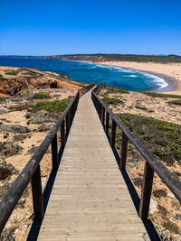 Boardwalk on beach against clear blue sky