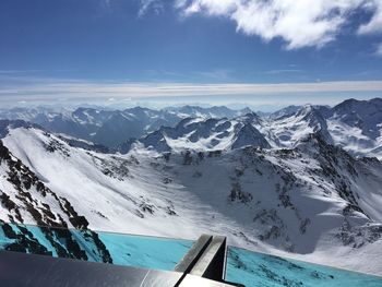 Scenic view of snowcapped mountains against blue sky