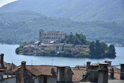 High angle view of river by buildings