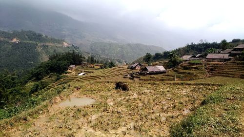 High angle view of field against sky