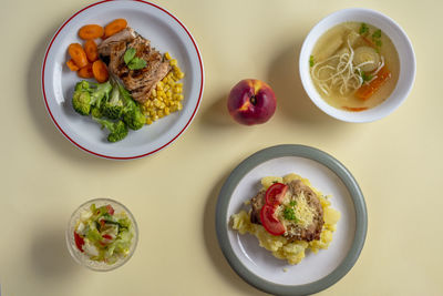 High angle view of breakfast served on table