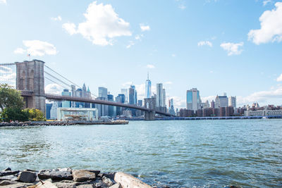 Bridge over river with buildings in background