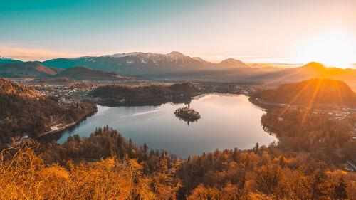 Sunrise at bled lake, slovenia, mountain, mountain range, lake, water, island.