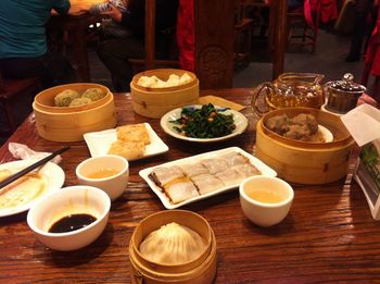 Close-up of served food on table