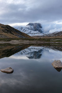 Scenic view of lake and snowcapped mountains against sky