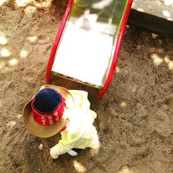 High angle view of red object on table