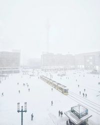 High angle view of people in city during winter