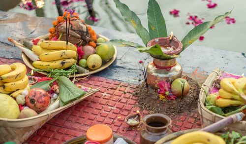 Hindu religious offerings for sun god during chhath festival from different angle